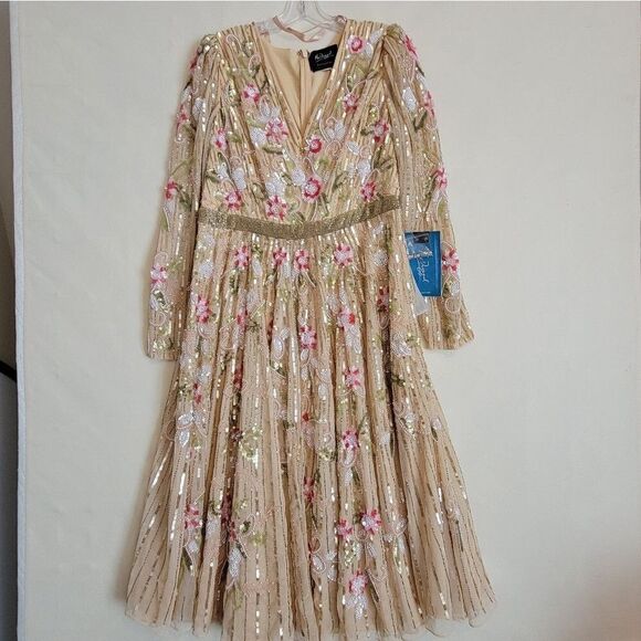 14 MAC DUGGAL FLORAL NEUTRAL TAN BEADED TEA LENGTH Stunning DRESS 5415 NWT - Picture 2 of 13